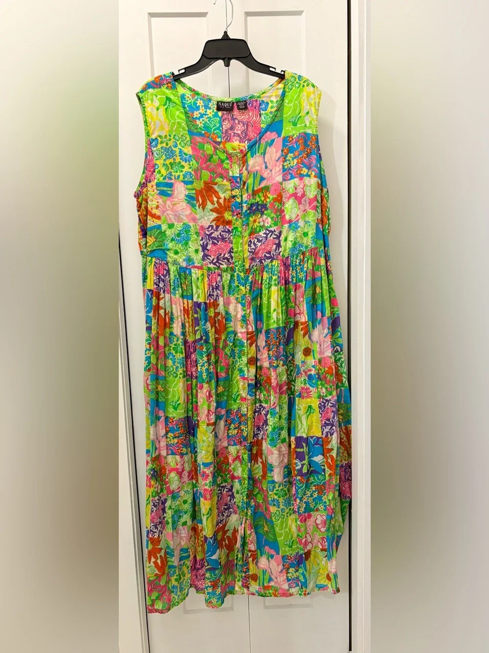 Naqui women’s Bright Floral Patchwork cottage maxi Sundress - Green Multi. 1X